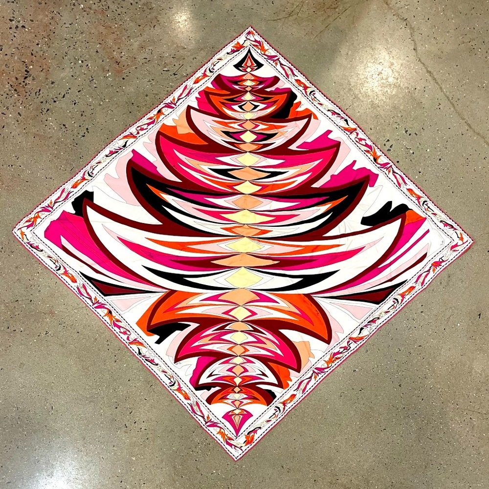 Emilio Pucci silk scarf. Pink, orange, white.